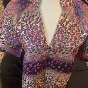 THML Metallic Gold and Fuchsia Animal-Print V-Neck Top
